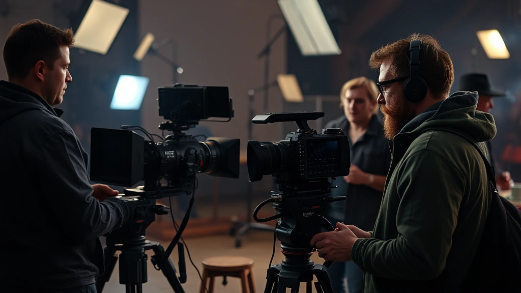 Film production scene with camera equipment, director and cinematographer collaborating, professional lighting setup, indie film set aesthetic, creative professionals in discussion, authentic behind-the-scenes filmmaking environment