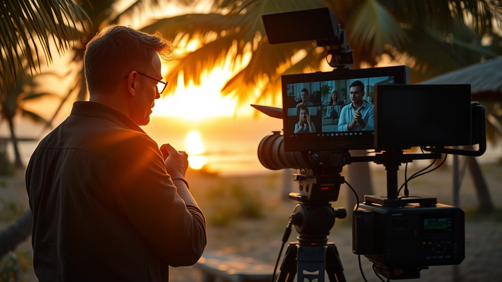 Professional film production scene with director reviewing shots on monitor, tropical location lighting, cinematic equipment visible, warm golden hour cinematography, modern digital workflow
