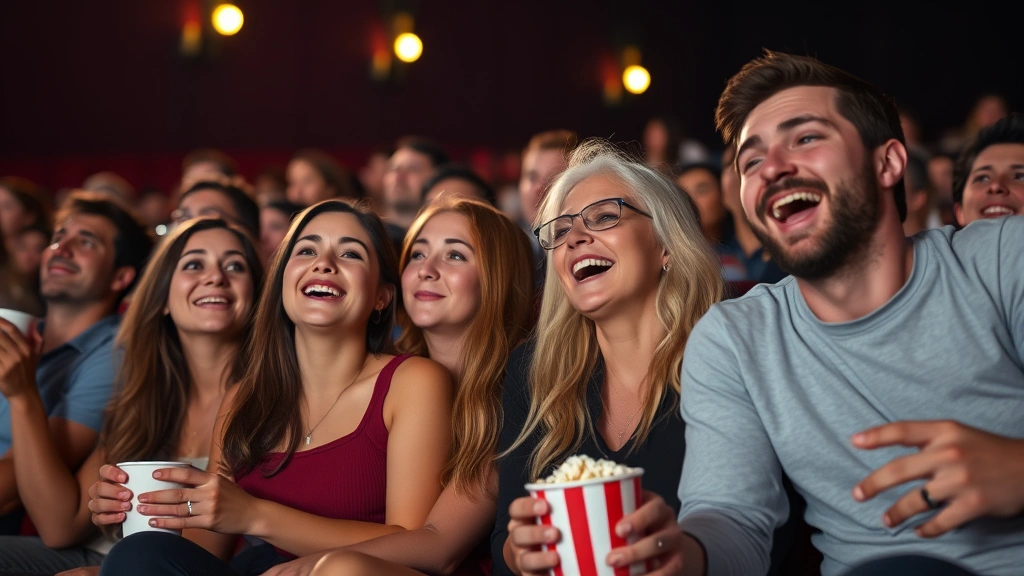 Movie theater audience laughing together during screening, warm ambient lighting, diverse group of people enjoying entertainment, popcorn and drinks visible, genuine emotional engagement captured