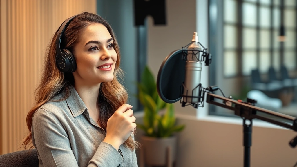 Professional actress in modern setting during voice recording session, microphone visible, focused expression, contemporary studio environment
