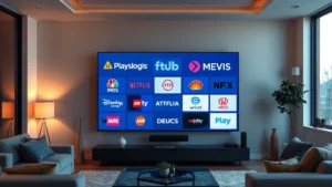 Wide-angle view of a modern living room with multiple streaming service logos displayed on a large television screen, showing the overlap and complexity of choosing between different platforms, soft evening lighting, photorealistic detail