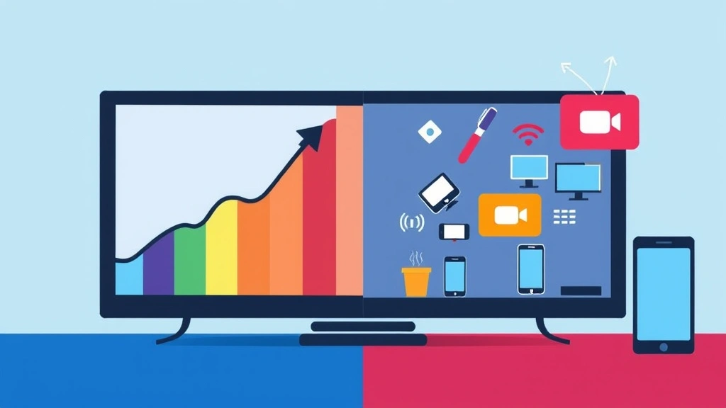 Split-screen digital illustration showing growth graphs and declining television sets on one side, streaming symbols and mobile devices ascending on the other, representing the shift from traditional to digital media consumption