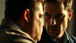 Professional actor in dramatic scene, intense emotional expression, close-up cinematography, natural lighting, serious character portrayal, film noir aesthetic