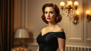 Professional female performer in elegant 1960s-style dress, sophisticated lighting, refined interior setting, mature actress in character, contemplative expression, theatrical makeup, classic Hollywood glamour aesthetic, professional photography