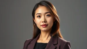 Professional headshot of an Asian American female performer in modern studio lighting, wearing contemporary professional attire, serious confident expression, neutral background, high-quality digital photography