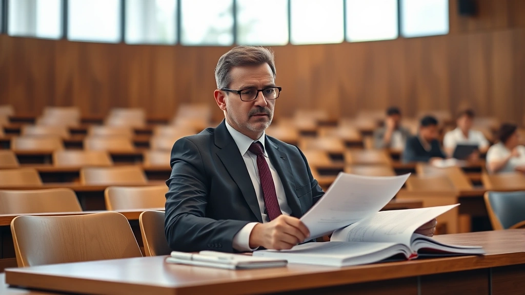 Professional businessman in suit sitting in modern university lecture hall, reviewing policy documents and notes on wooden desk, natural window light streaming across face, serious thoughtful expression, contemporary academic setting, photorealistic