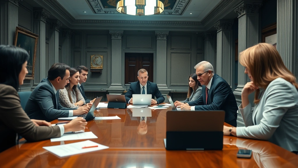 Diverse group of professionals in business attire engaged in serious discussion around polished conference table, papers and laptops spread across surface, dramatic overhead lighting, institutional government building interior, collaborative problem-solving atmosphere