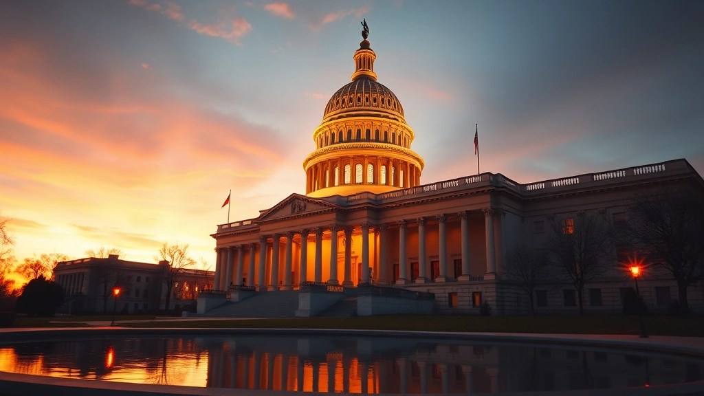 Cinematic shot of ornate government building dome at dusk with warm golden lighting, architectural details prominent, reflecting pool in foreground, symbolic of political institutions and democratic governance, photorealistic landscape photography