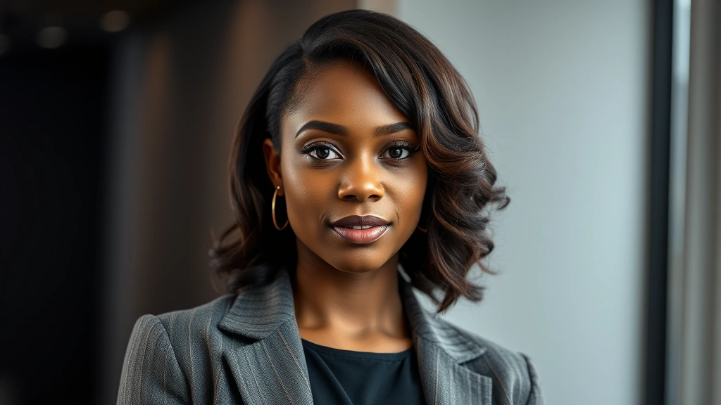 Professional headshot of confident Black female actor in modern studio setting, dramatic lighting, sophisticated wardrobe, focused expression, no text or watermarks