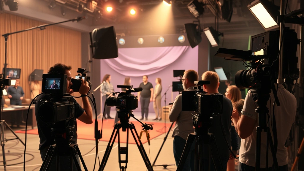 Television production set with cameras, lighting equipment, and crew members working on dramatic scene, contemporary studio environment, professional atmosphere, cinematic quality