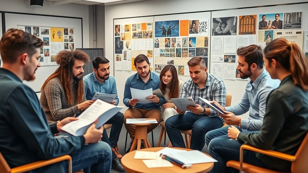 Diverse film production team in creative meeting, reviewing scripts and storyboards, collaborative workspace with mood boards and creative materials visible, modern office setting