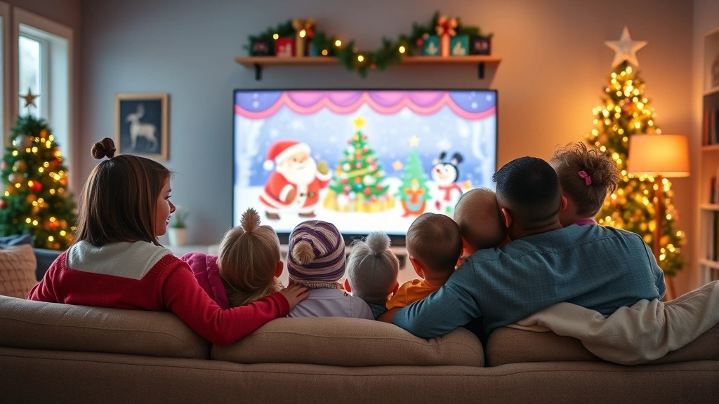 Diverse group of children sitting together on comfortable couch watching colorful animated Christmas movie on large television screen, cozy living room with warm lighting and holiday decorations in background, families enjoying entertainment together