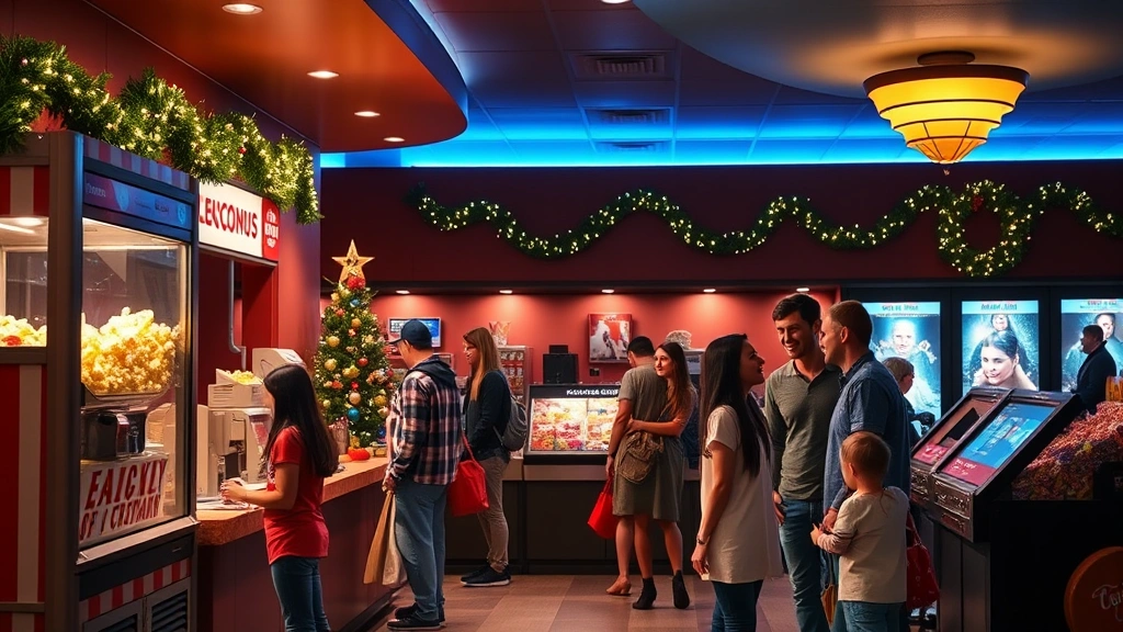 Movie theater concession stand with popcorn machine, candy displays, and festive Christmas decorations, soft warm lighting, families browsing snacks before holiday film screening, cheerful atmosphere