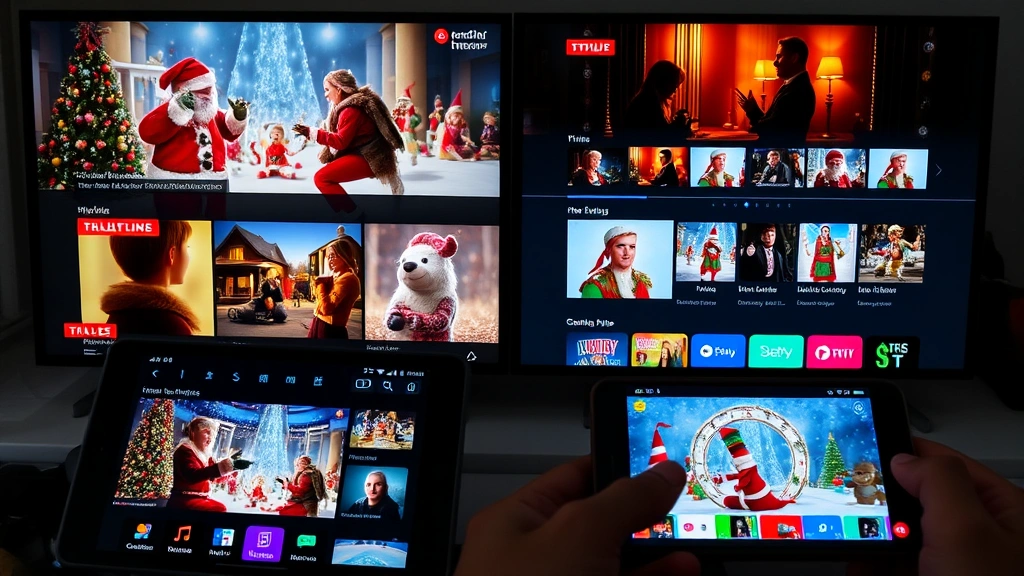 Split-screen showing various Christmas movie scenes playing on different streaming platforms on tablets and smartphones, colorful interface elements, holiday-themed graphics, digital media consumption concept