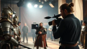 Professional film set with medieval armor, dramatic lighting, cinematographer checking camera angles, authentic warrior costumes, production crew in background, digital media production environment