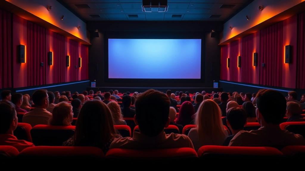 Modern movie theater interior with audience silhouettes watching screen, warm lighting, comfortable seating rows, cinematic atmosphere, contemporary cinema experience, digital projection technology visible