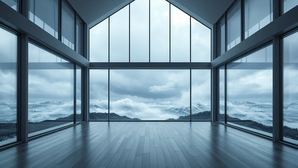 Modern minimalist home interior with floor-to-ceiling windows overlooking stormy weather, emphasizing architectural vulnerability and exposure, photorealistic digital rendering, contemporary design aesthetic
