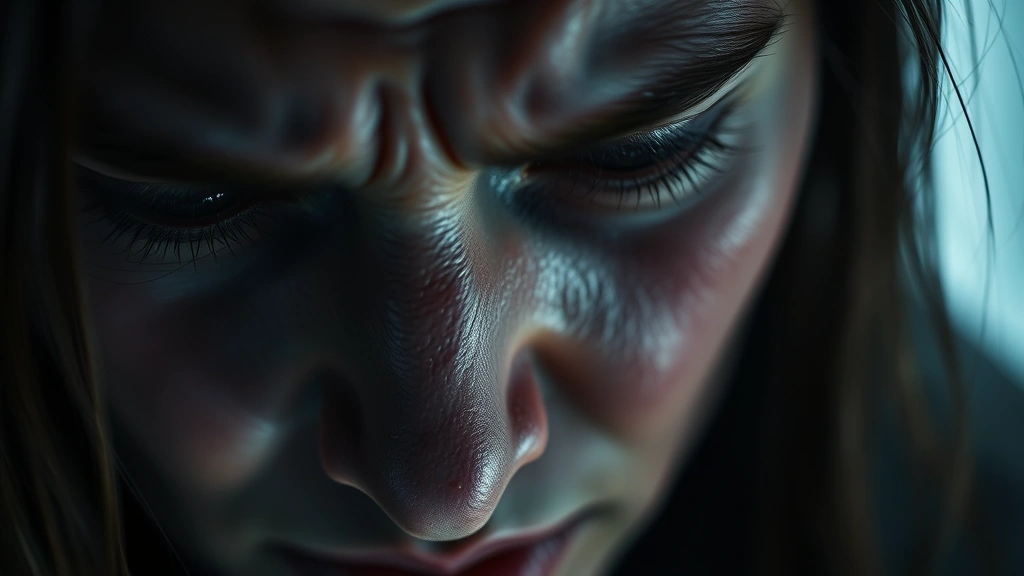 Close-up of a person's face showing intense psychological distress and vulnerability, dramatic lighting creating shadows and depth, conveying emotional deterioration and desperation without visible text or identifying features