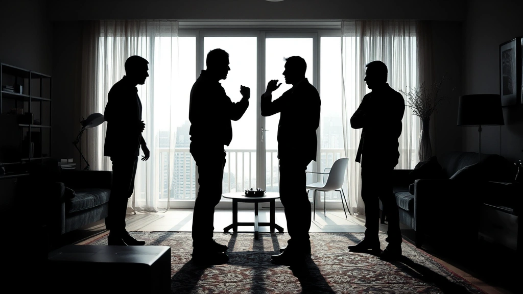 Silhouettes of multiple figures in a tense confrontation within a modern living space, backlighting creating dramatic shadows, emphasizing power dynamics and psychological manipulation through composition and lighting