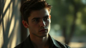 Young male actor in dramatic contemplative pose, natural lighting, moody atmosphere, film noir aesthetic, introspective expression, cinematic depth of field, professional headshot style photography