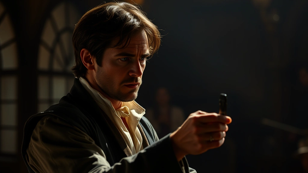 Actor performing intense emotional scene in period costume, period film setting, dramatic shadows and lighting, authentic character portrayal, vulnerable expression, cinematic composition, film production quality