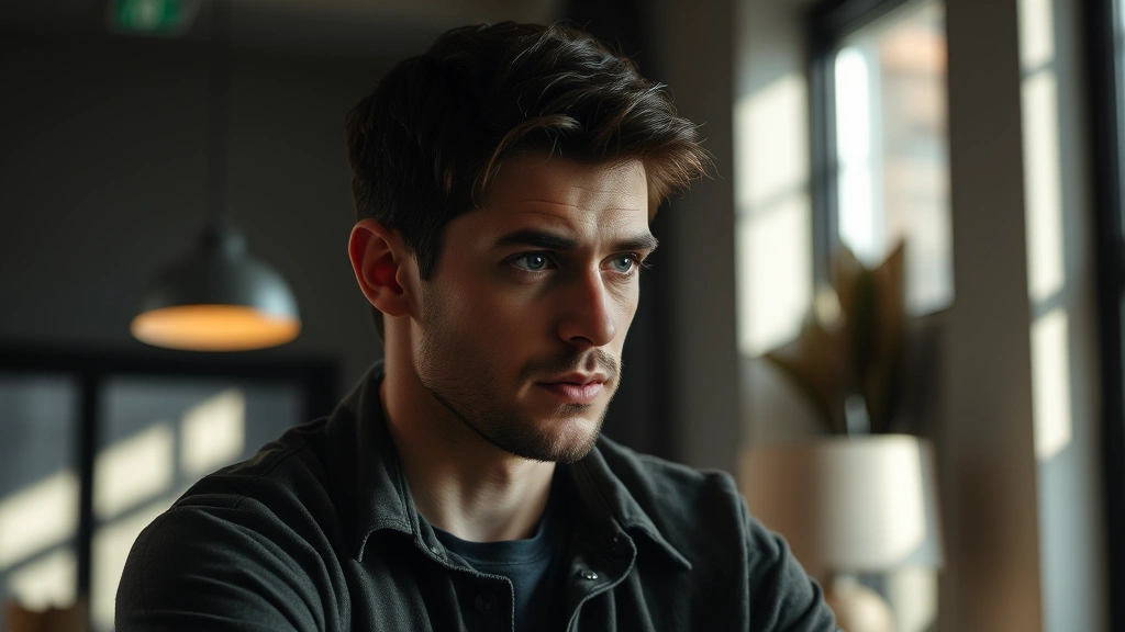 Male actor in modern dramatic scene, contemporary clothing, natural indoor lighting, psychological intensity conveyed through subtle expression, character-driven performance, professional cinematography, authentic emotional moment