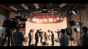 Modern Seoul film production studio with advanced cinematography equipment, professional lighting rigs, and Korean crew members collaborating on a movie set, showcasing contemporary filmmaking technology and industry professionalism