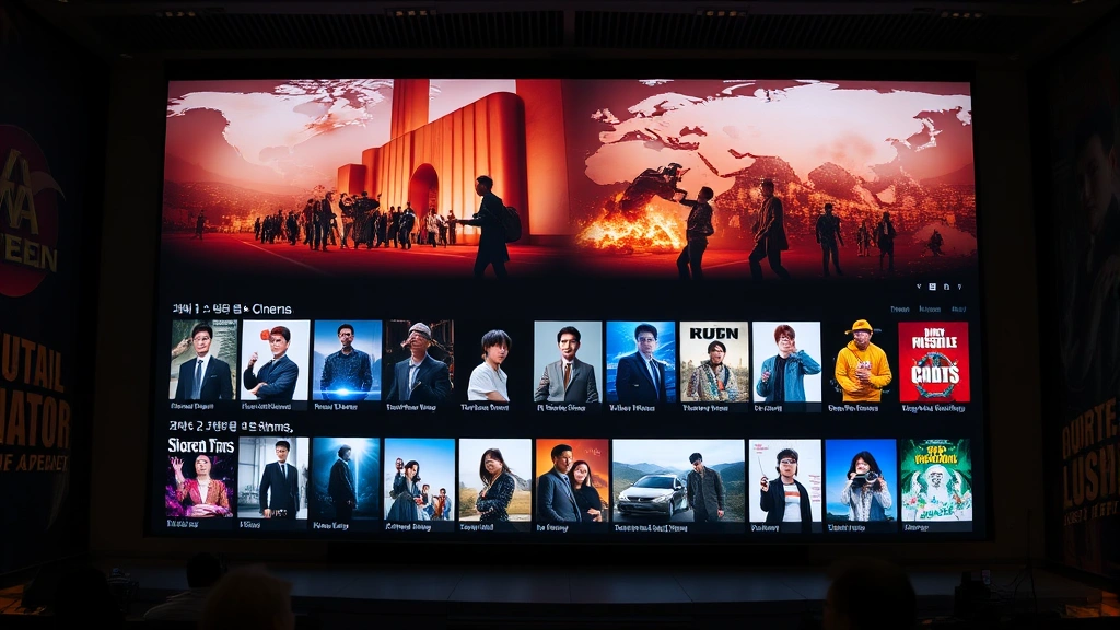 Global streaming platform interface displaying Korean movie titles and thumbnails on a large screen, showing international audience engagement and digital distribution of Asian cinema to worldwide viewers