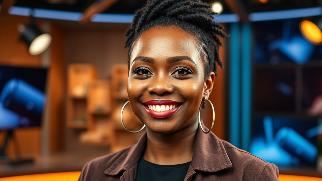 Professional headshot of a Black female comedian in a modern television studio setting, warm lighting, confident expression, contemporary styling, no text or graphics visible