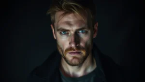 Nordic male actor in dimly lit dramatic scene, intense focused expression, professional studio photography, contemporary cinematic lighting setup, serious psychological character portrayal