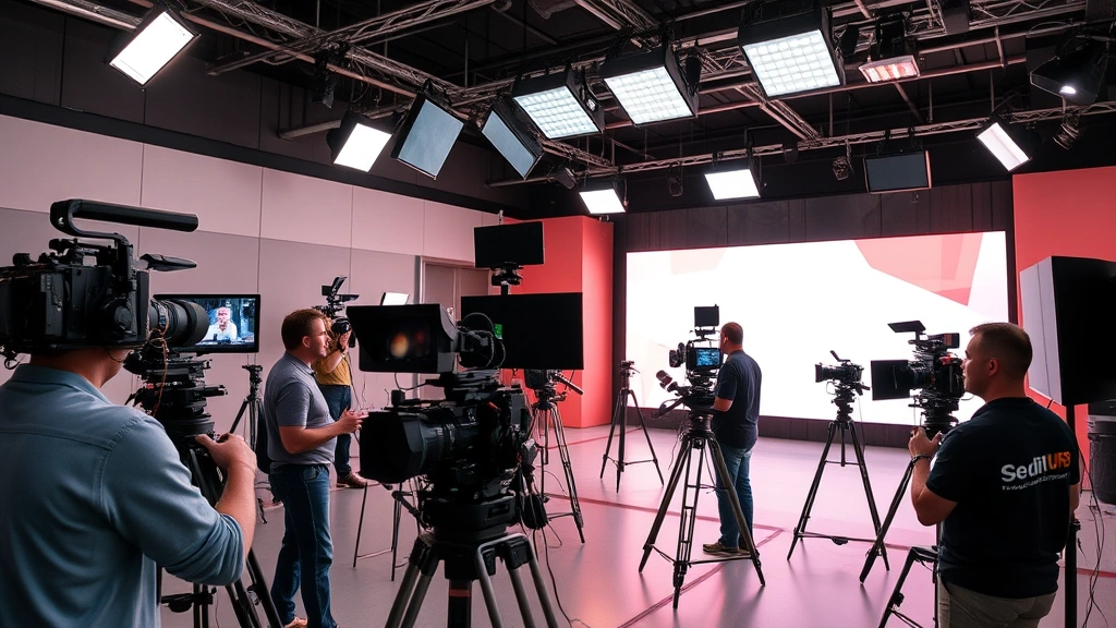 Modern streaming production set with professional film equipment, crew members working with cameras and lighting rigs, digital media technology in action, contemporary television production environment