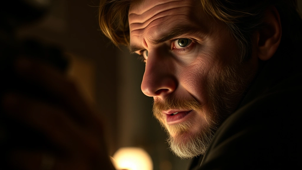 Actor in character during intense dramatic moment, subtle emotional expression captured in close-up cinematography, professional film lighting creating atmospheric mood, character-driven narrative moment