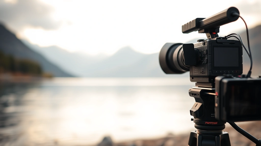 Close-up of professional cinema camera on tripod positioned at Lake George's shoreline, shallow depth of field, blurred water and mountains in background, warm natural lighting, modern filmmaking equipment