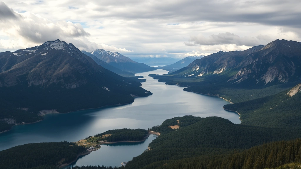 Wide establishing shot of Lake George landscape showing multiple mountain peaks, clear water, forested valleys, dramatic sky, cinematically composed, professional photography quality, no people or text visible