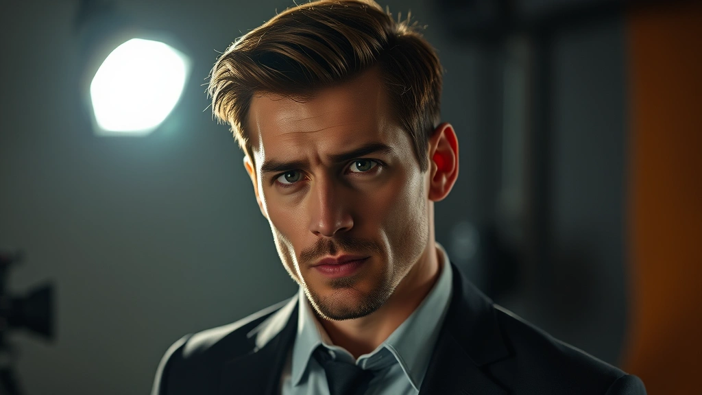 Professional male actor with distinctive angular features in dramatic lighting, intense contemplative expression, wearing formal attire in modern film studio setting, photorealistic high-quality portrait photography
