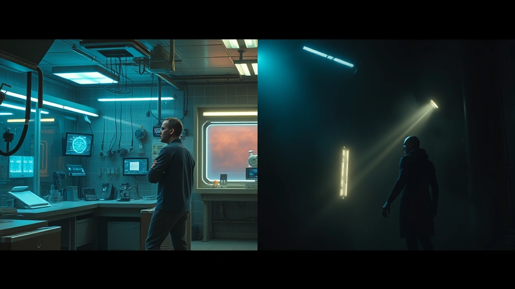 Split-screen composition showing diverse film genres: left side science fiction laboratory environment with futuristic technology, right side dark horror atmosphere with atmospheric lighting, cinematic color grading, no visible text or interfaces