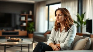 Professional actress in modern television drama setting, sitting thoughtfully in contemporary living room with warm natural lighting, contemplative expression showing emotional depth and intelligence