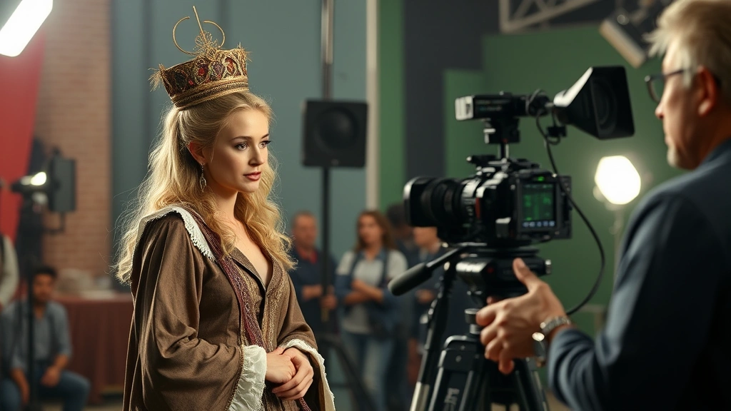 Female performer on film or television set with camera equipment visible in background, wearing professional costume, engaged in character work with director nearby during production