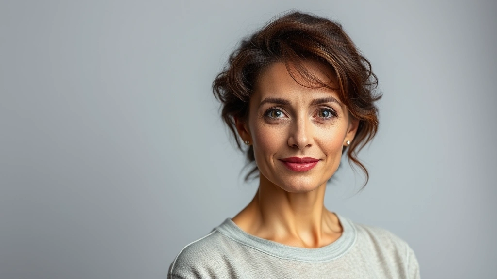 Actress in professional headshot style photography, mature and confident presence, neutral background emphasizing facial expression and character presence, suitable for entertainment industry context