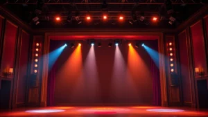 Broadway theater stage with professional lighting and theatrical set design, elegant performance space with dramatic amber and blue stage lighting, no text or characters visible