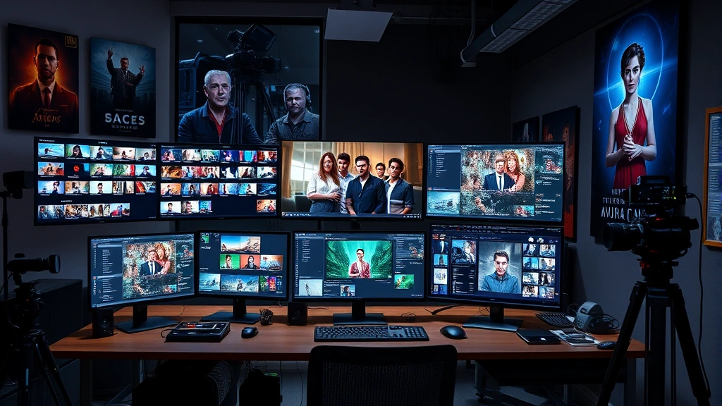Professional entertainment industry workspace with multiple monitors displaying streaming platform interfaces and production software, modern creative office with theatrical posters and film equipment