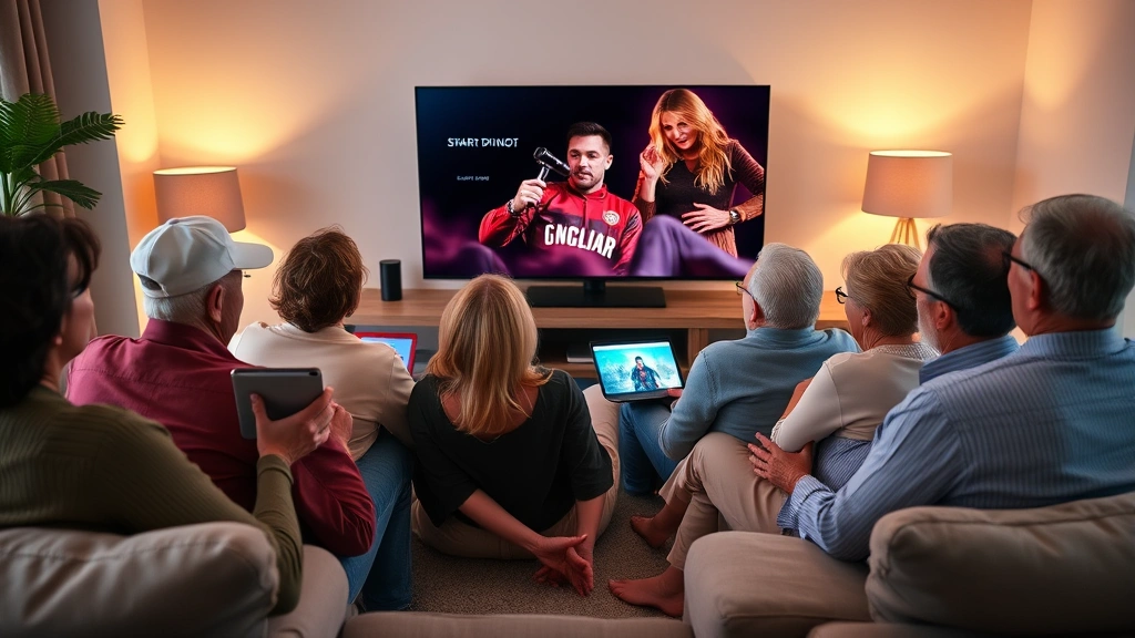 Diverse multigenerational audience members watching entertainment on various devices including smart TV, tablet, and laptop in contemporary living room, warm ambient lighting, no visible screens or text