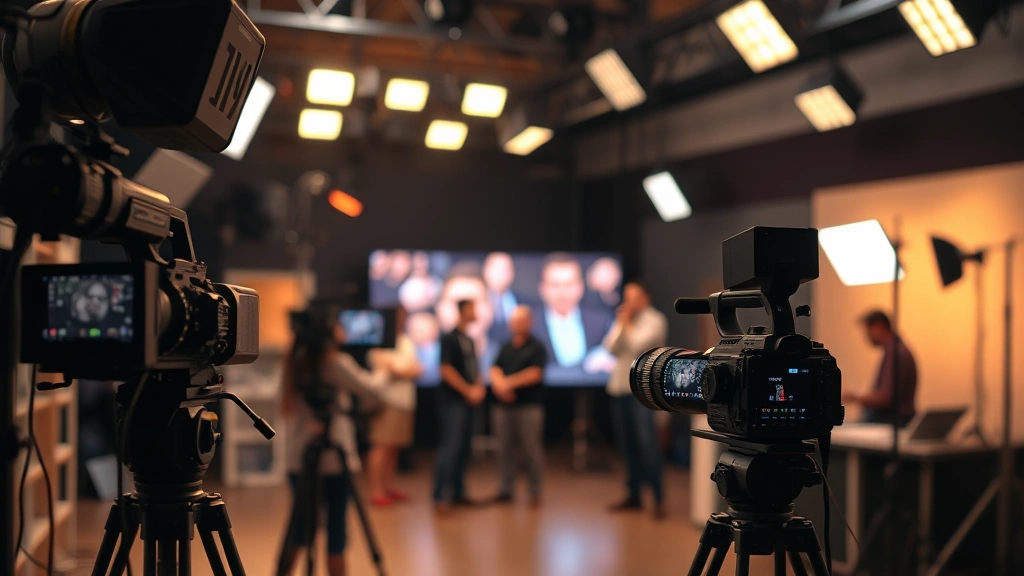 Modern television production set atmosphere, professional lighting rigs and equipment, creative collaboration environment, warm studio lighting, blurred background, professional cinematography aesthetic, no visible monitors or interfaces