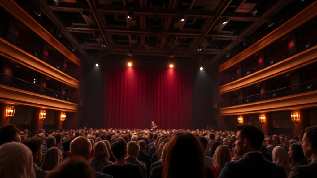 Film festival or entertainment industry event, elegant venue lighting, sophisticated professional atmosphere, audience engagement moment, warm ambient lighting, depth and dimension, no visible signage or text overlays