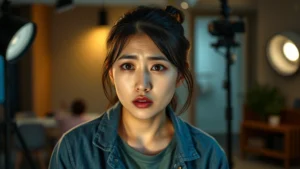 Female East Asian performer in intense dramatic scene, professional television studio lighting, contemporary indoor setting, emotional facial expression, natural makeup, casual contemporary clothing
