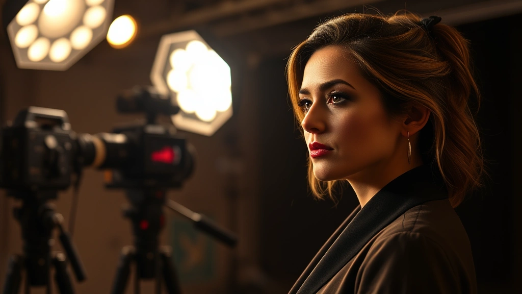 Actress in cinematic production environment, sophisticated three-point lighting setup, modern film set with professional equipment visible, focused contemplative expression, styled hair and makeup, professional wardrobe