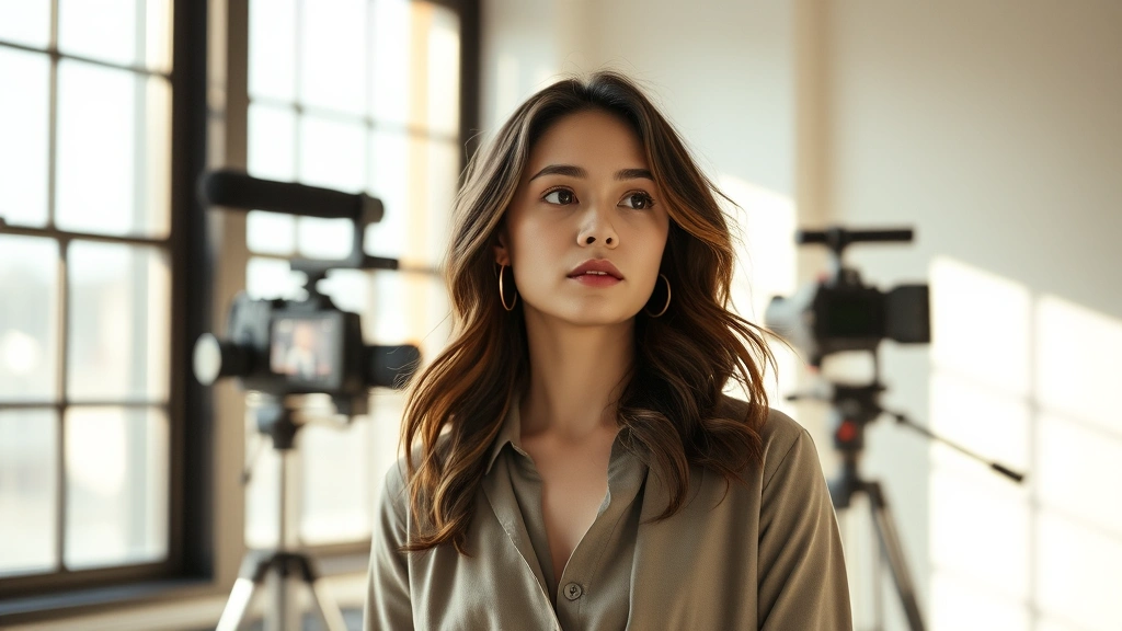 Contemporary female performer in modern film production, natural daylight through windows, minimalist interior setting, thoughtful expression, professional styling, casual elegant clothing, shallow depth of field