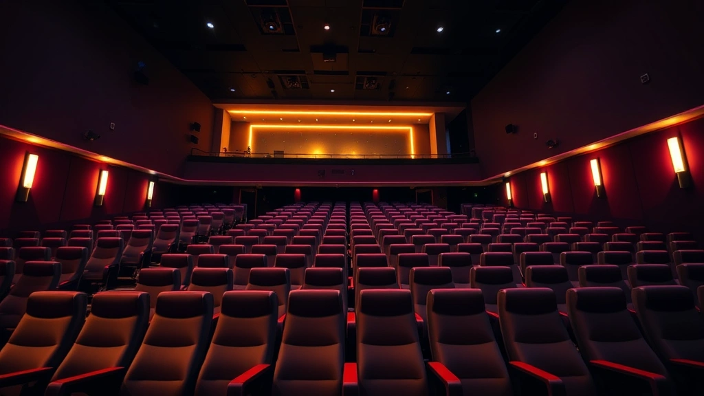 Modern movie theater interior with comfortable seating rows, warm ambient lighting, and clean architectural design, cinematic atmosphere, no people visible, professional theater environment