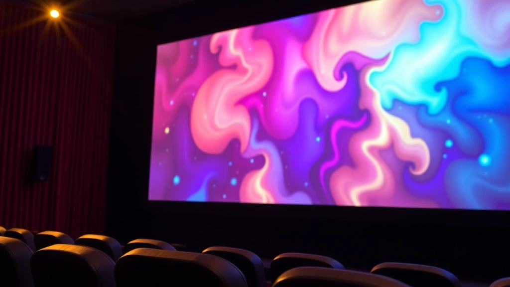 Close-up of theater projection screen showing vibrant colors and sharp image quality, theatrical lighting setup, cinema technology showcase, no visible text or interface elements