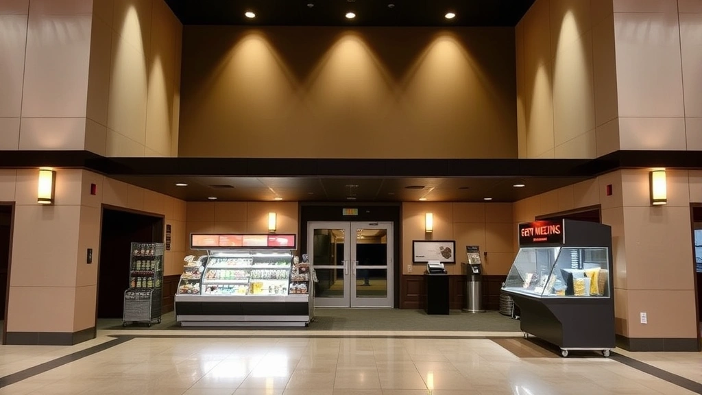 Theater lobby with elegant entrance, concession counter displaying various snacks and beverages, welcoming atmosphere, modern décor, no signage with readable text, professional cinema venue